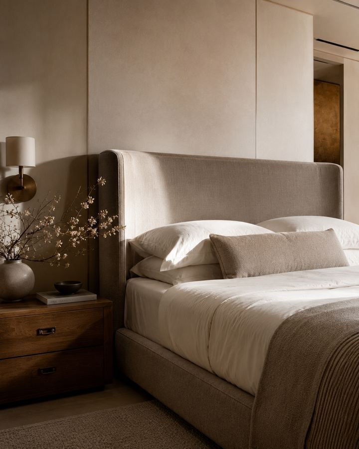 Cama tapizada con cabecero en lino taupe