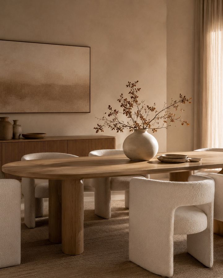 Mesa de comedor en madera de roble con sillas tapizadas